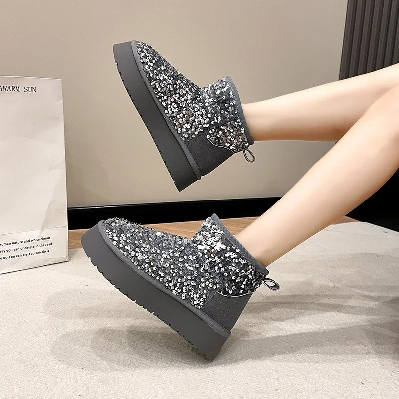 Winter New Warm 4CM Platform Snow Boots Black Bling Sequined Cloth Wool Lined Women Fashion Boots Luxurious shiny suede boots