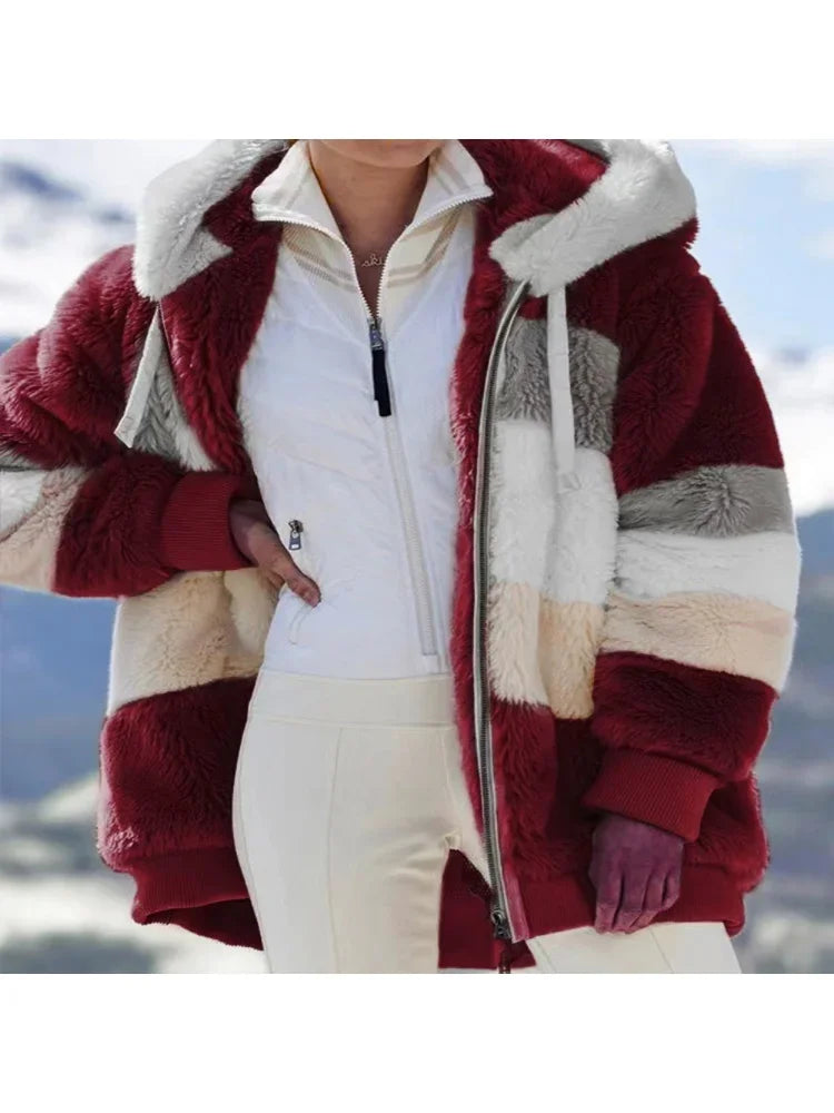 Winter Women Jacket Warm Plush Casual Loose Hooded Coat Mixed Color Patchwork Winter Outwear Faux Fur Zipper Ladies Parka Coat