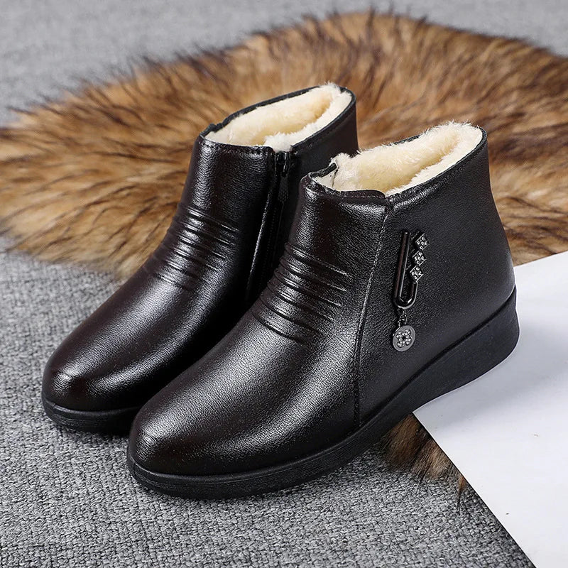 Winter Women Boots Leather Boots Warm Waterproof Cotton Shoes Soft Sole Plush Outdoor Snow Boot Non-slip Comfortable Ankle Boots