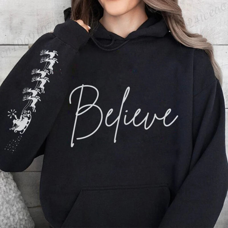 Believe Christmas Hoodies Sweatshirt for Women Men Family Christmas Party Sweatshirt Autumn Winter Christmas Hooded Sportwear