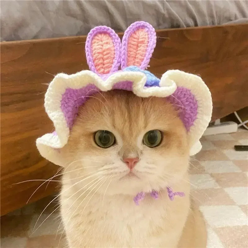 Cute Cat Hat Funny Pets Party Cosplay Headwear Delicate Hemming Pendant Decor Elasticity Knitted Hat Pet Accessories