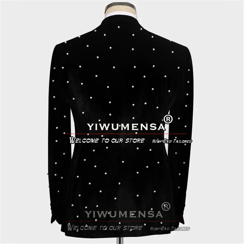 Luxury Wedding Suits For Men Groom Wear Tuxedo Handmade Pearls Velvet Jacket Male Banquet Party Dress Tailor-Made 3 Pieces Set