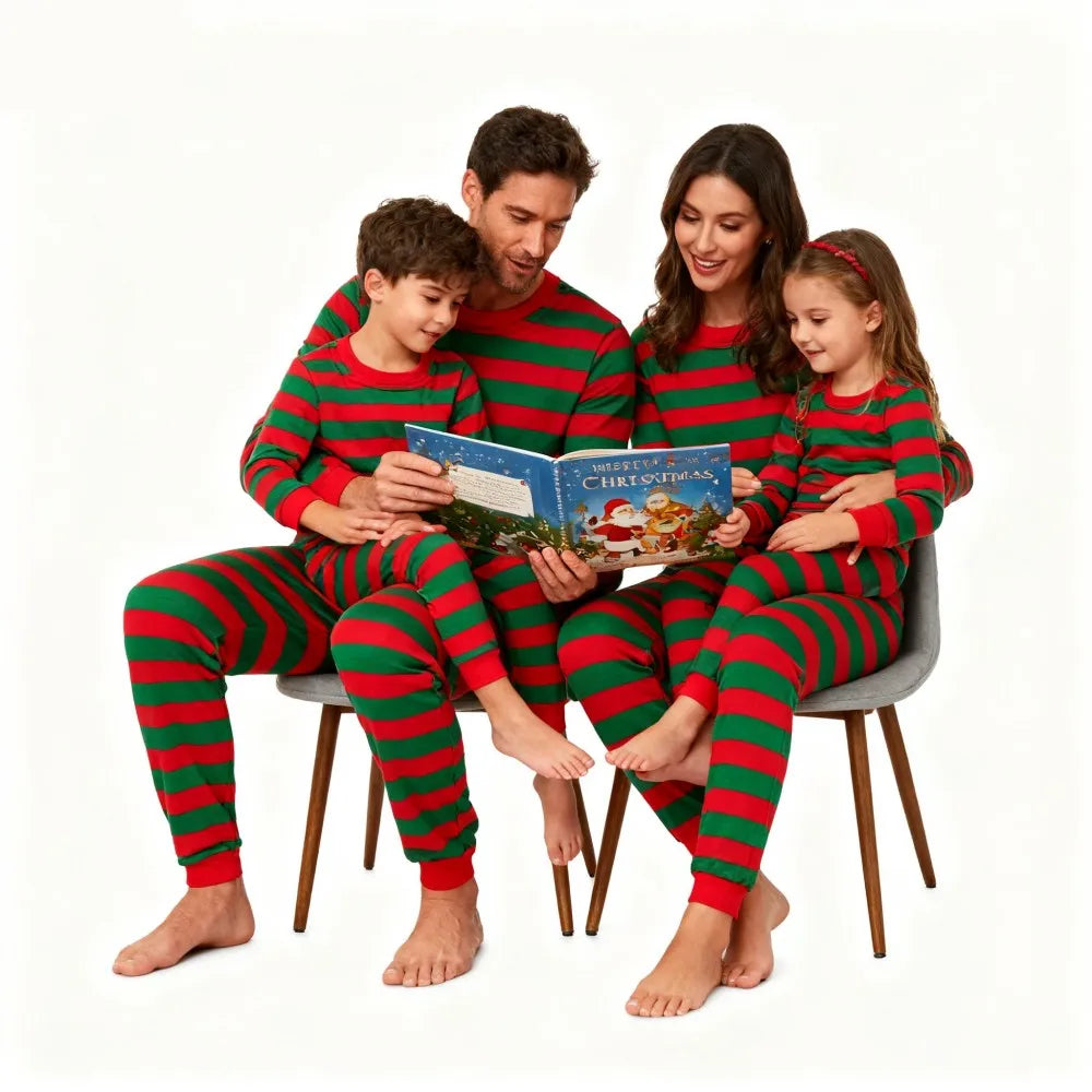 Family Matching Christmas Pajamas Sets Red Green Striped Sleepwear Xmas Festive Pjs for Dad Mom Kids Baby Loungewear Outfits