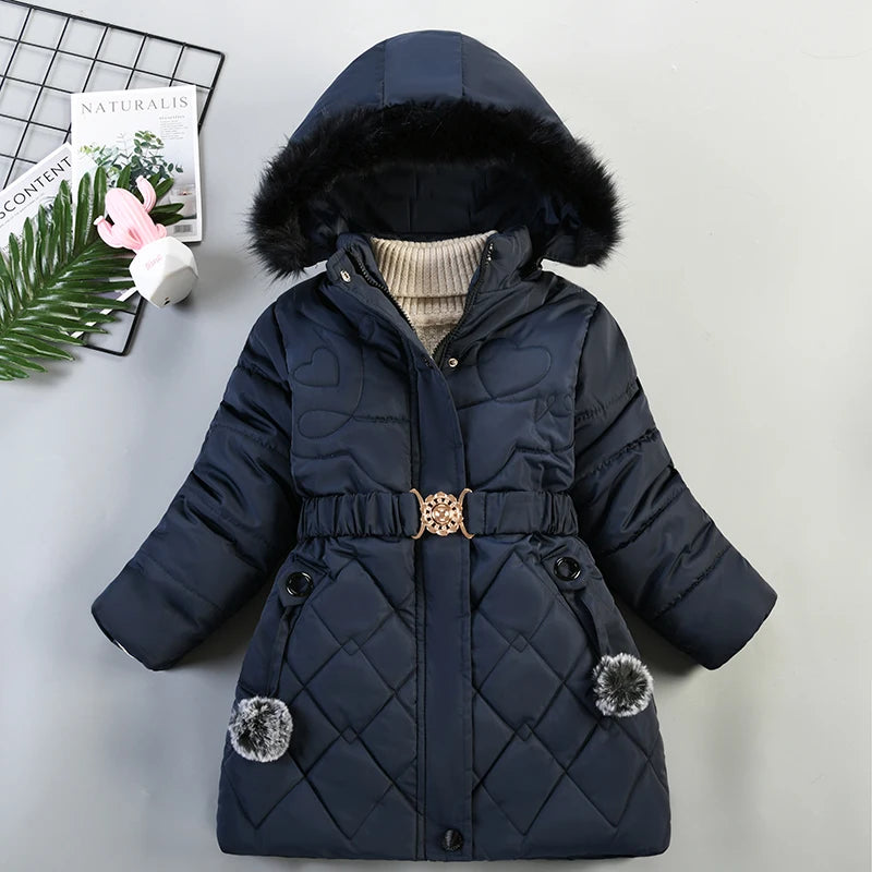 Winter Snow Suit For Girls, Fur Collar & Tunic Details Warm Cotton-padded Hooded Coat, Kids Outerwear