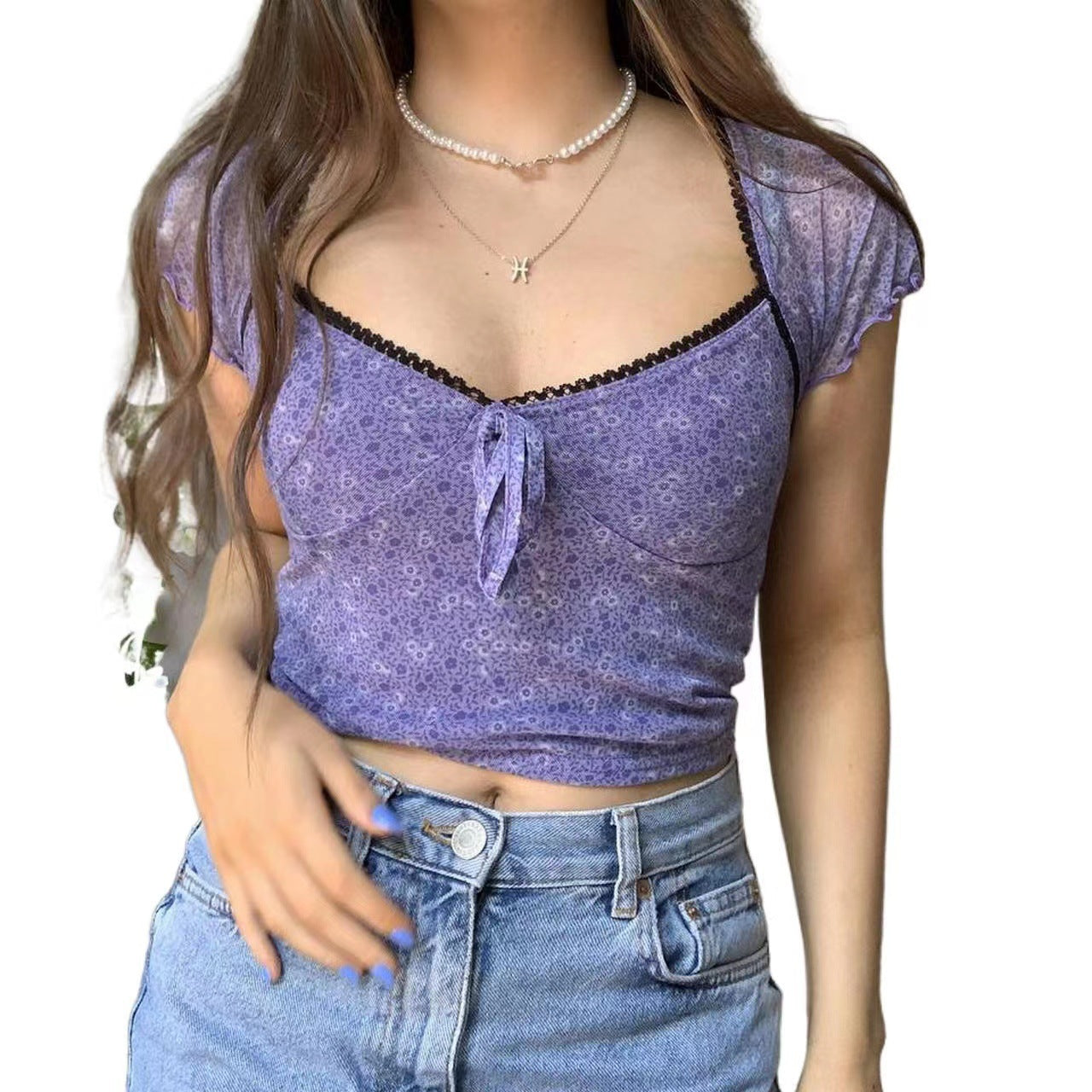 Women's Fashion Mesh Print Short-sleeved Tops