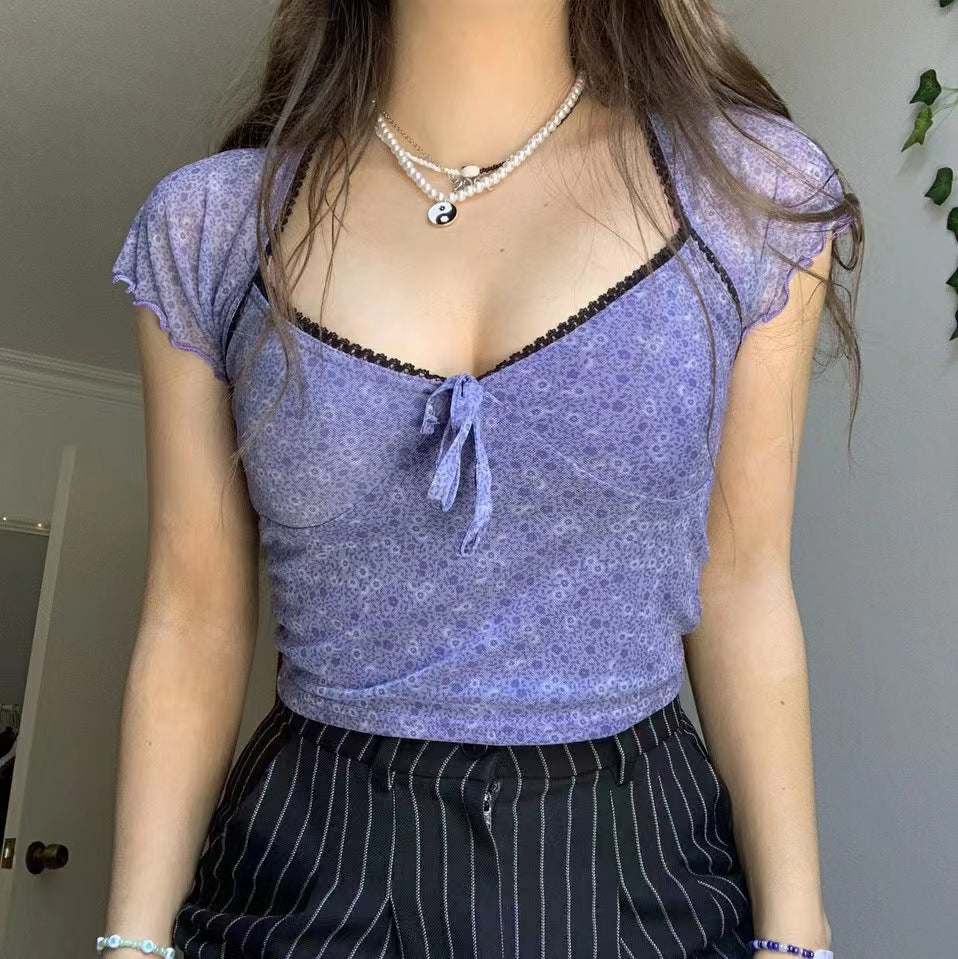 Women's Fashion Mesh Print Short-sleeved Tops